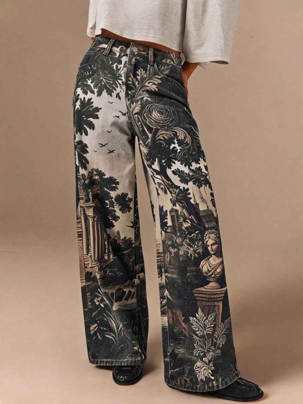 Brown Tapestry Print Wide Leg Denim Jeans - Extra Long - Picture 4 of 7